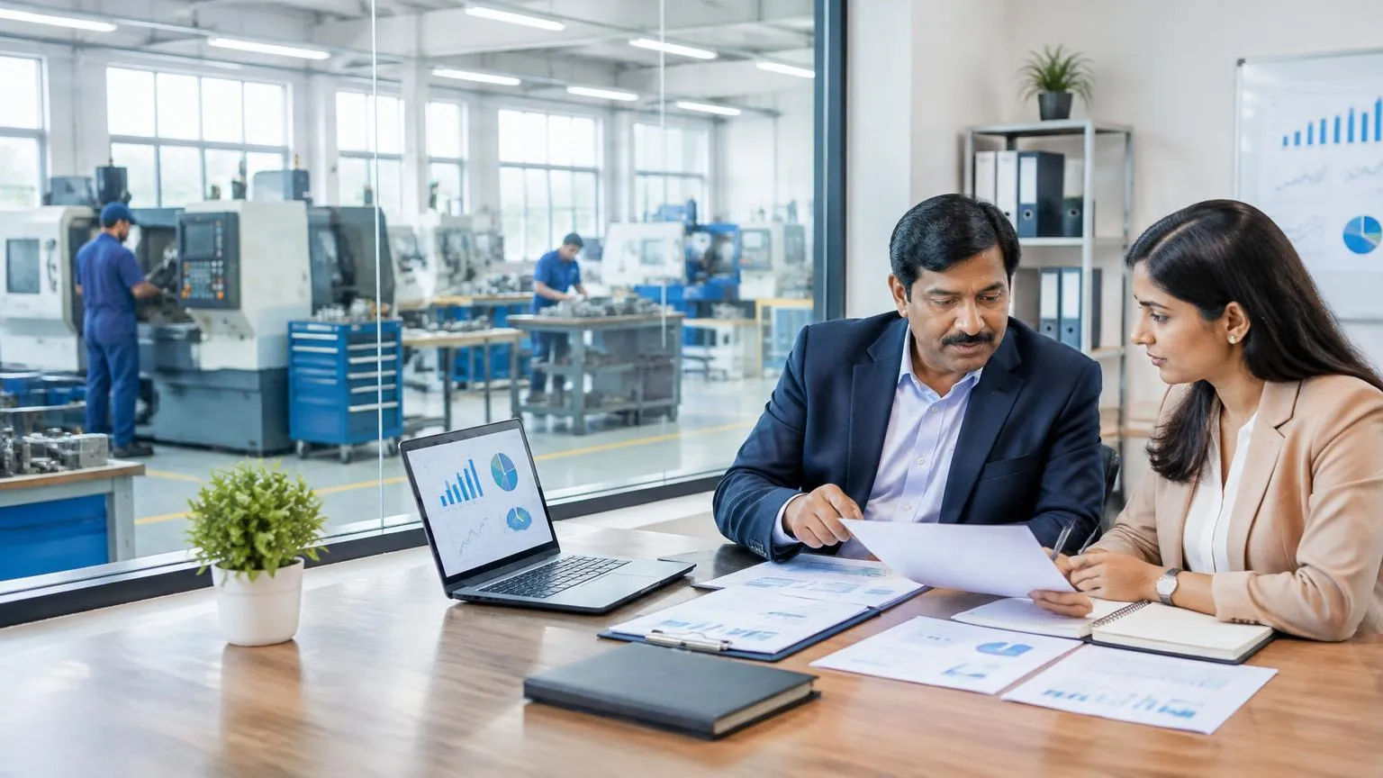 MSME owner and finance adviser reviewing company records beside a manufacturing workshop